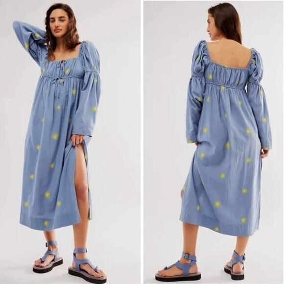 Free People Dresses & Skirts - New! Free People Emory Embroidered Sun Midi‎ Dress blue, size S
